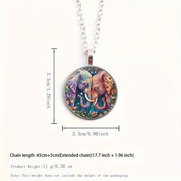 Silver ELEPHANT Glass Cabochon Pendant Necklace - Picture 3 of 3